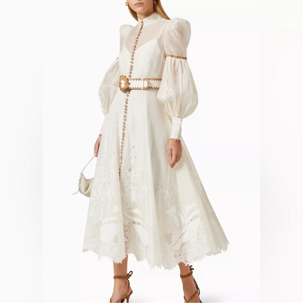 Zimmermann Postcard Belted Broderie Anglaise Linen and Silk Blend Midi Dress